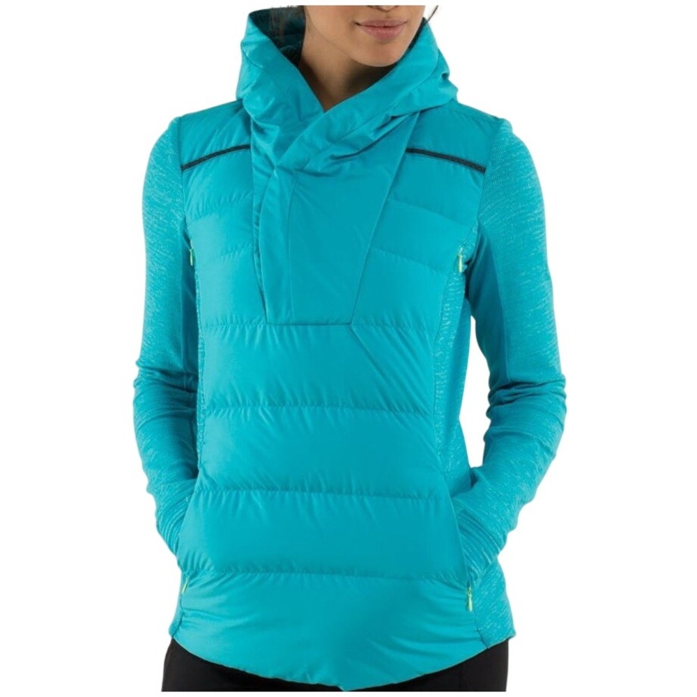 Lululemon Women 4 Fluff Off Goose Down Puffer Jacket Hooded 800 Fill Aqua Blue